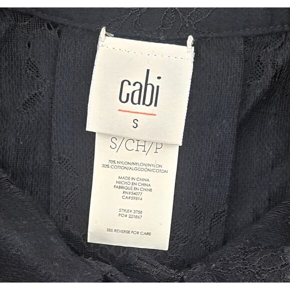CAbi Style 3758 Black Sheer Lace Button-Front Blouse Floral Collared Top Size S - Picture 4 of 4